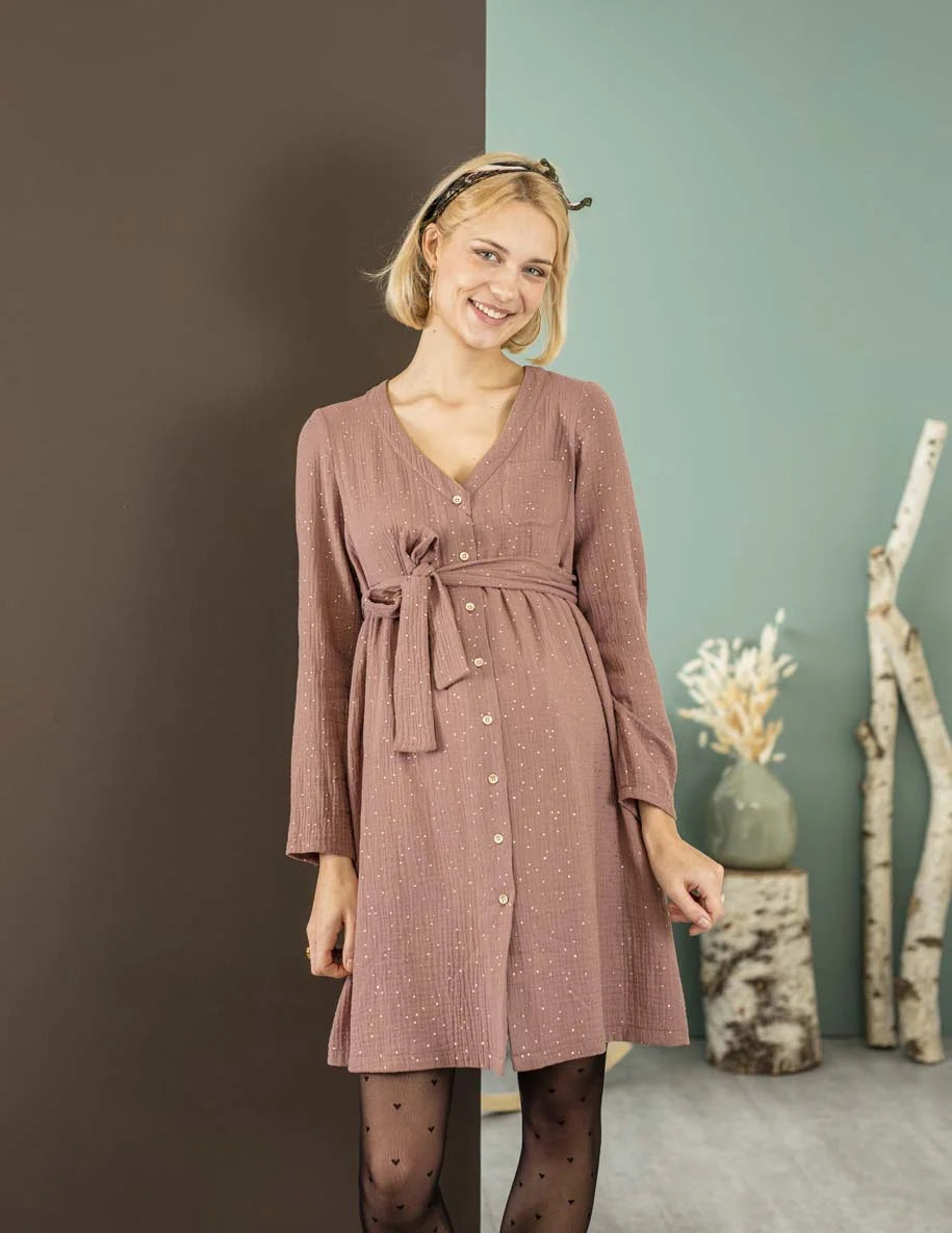 BALLOON ROBE GAZE COTON POIS ROSE BOHEME