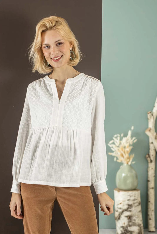 BALLOON BLOUSE ZIP GAZE COTON BRODERIE ECRU